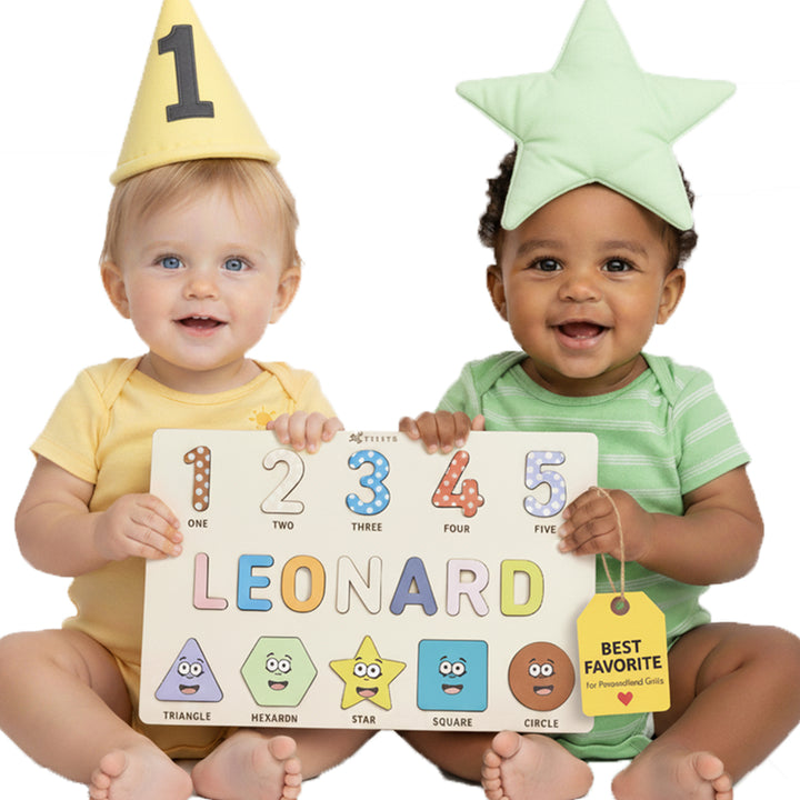 Personalized Name Puzzle – Happy Blue Wooden Numbers & Shapes for Kids