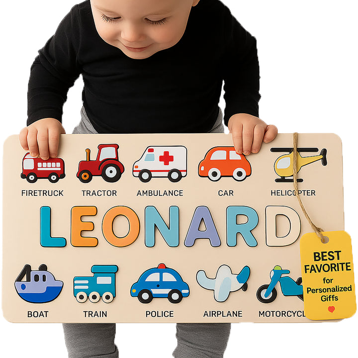 Personalized Wooden Baby Name Puzzle, First Birhtday Gift, Vehicles
