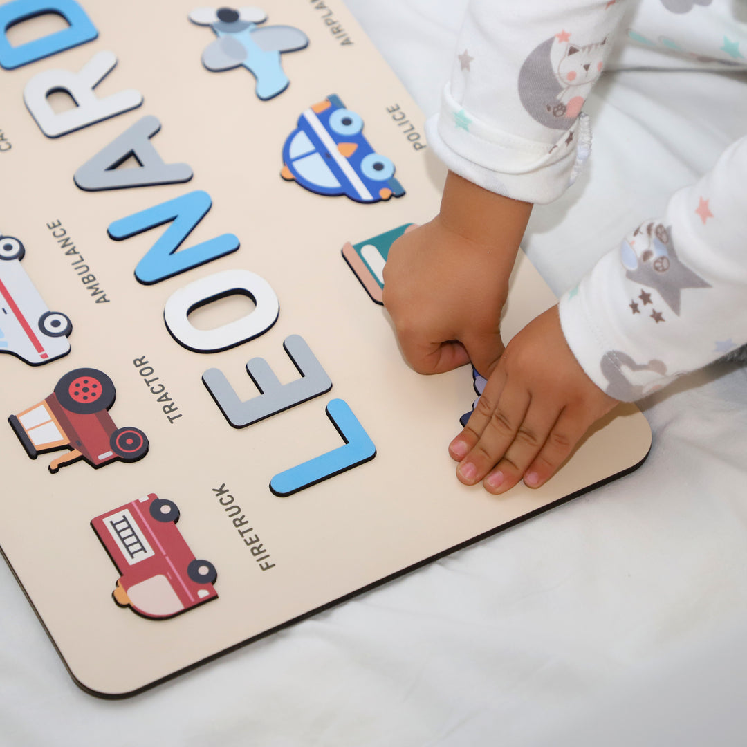 Personalized Wooden Baby Name Puzzle, First Birhtday Gift, Vehicles