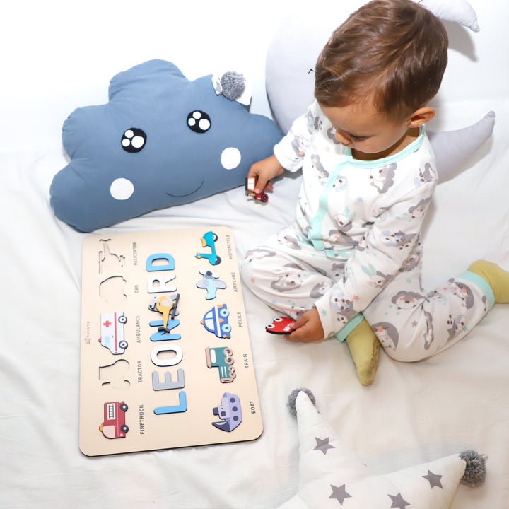 Personalized Wooden Baby Name Puzzle, First Birhtday Gift, Vehicles