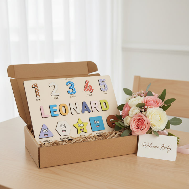 Personalized Name Puzzle – Happy Blue Wooden Numbers & Shapes for Kids
