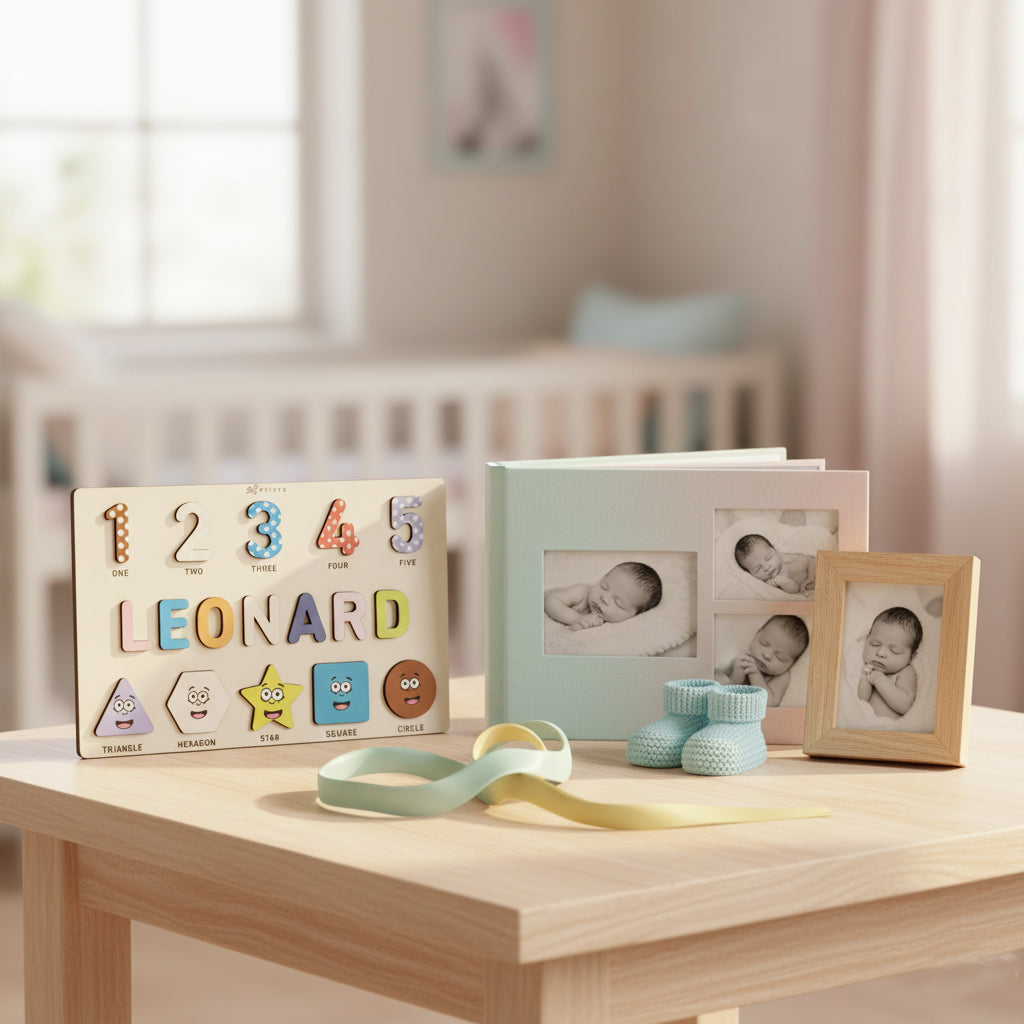 Personalized Name Puzzle – Happy Blue Wooden Numbers & Shapes for Kids