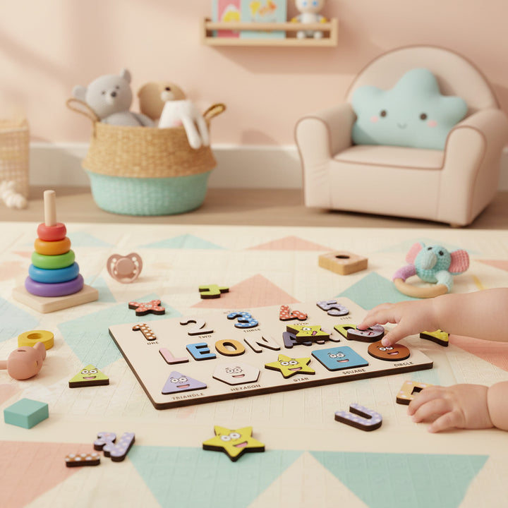 Personalized Name Puzzle – Happy Blue Wooden Numbers & Shapes for Kids