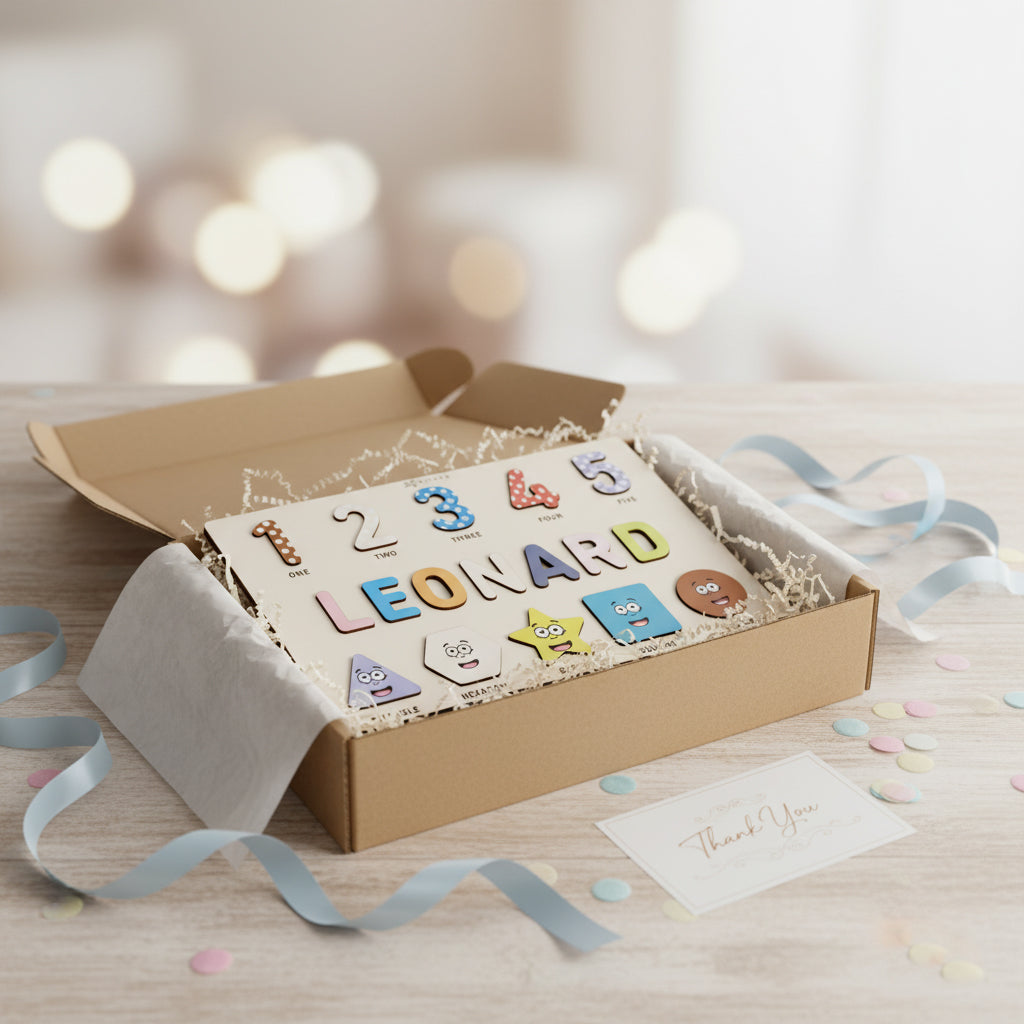 Personalized Name Puzzle – Happy Blue Wooden Numbers & Shapes for Kids