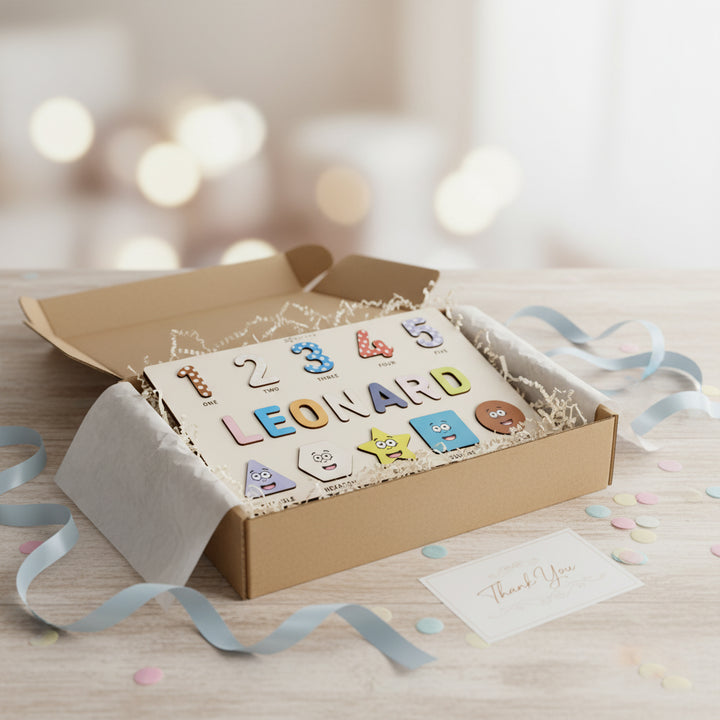 Personalized Name Puzzle – Happy Blue Wooden Numbers & Shapes for Kids