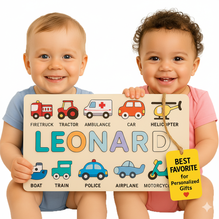 Personalized Wooden Baby Name Puzzle, First Birhtday Gift, Vehicles